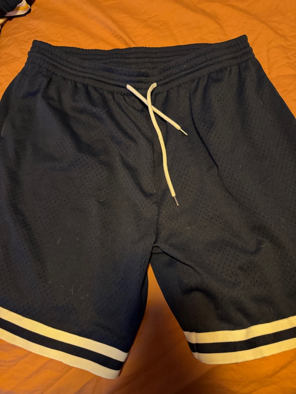 Mitchell & Ness Black Athletic Mesh Shorts with White Drawstring & Stripe